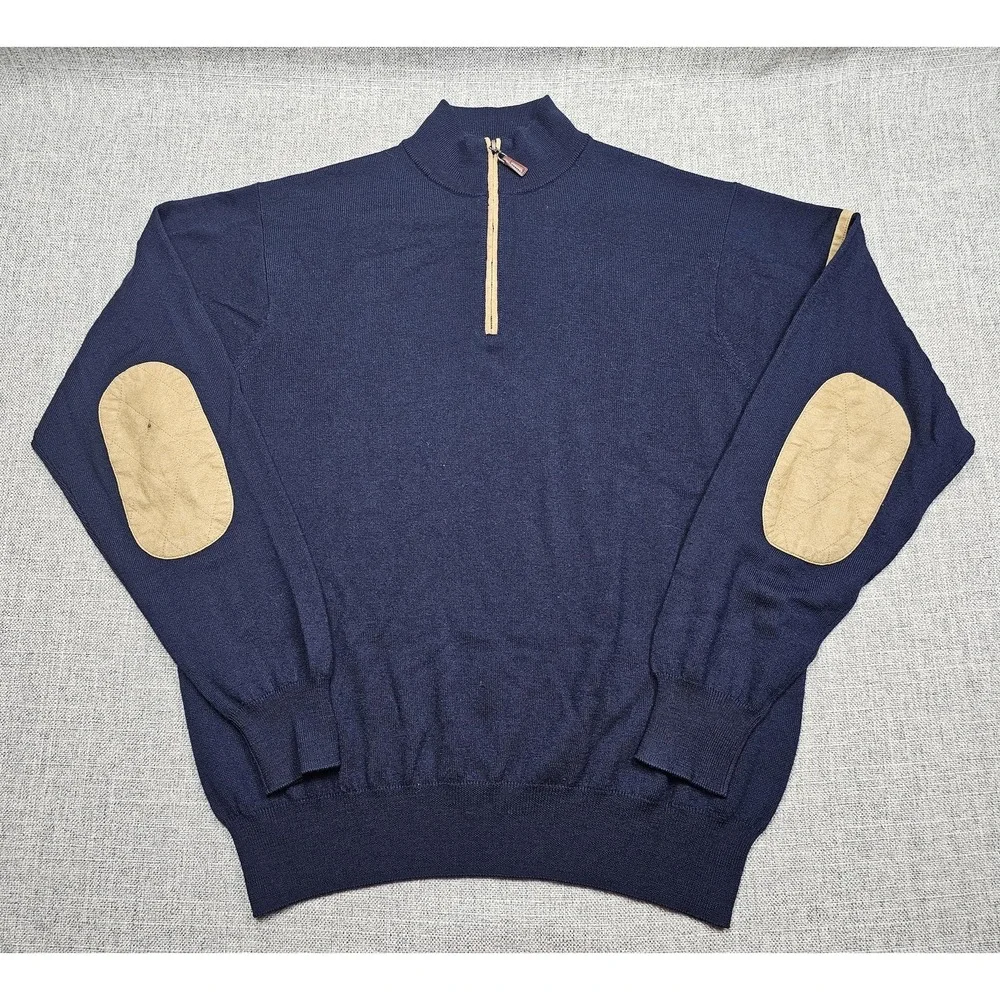 Peter Millar Sweater Mens Large Blue Quarter Zip Wool Elbow Patches Mock Neck